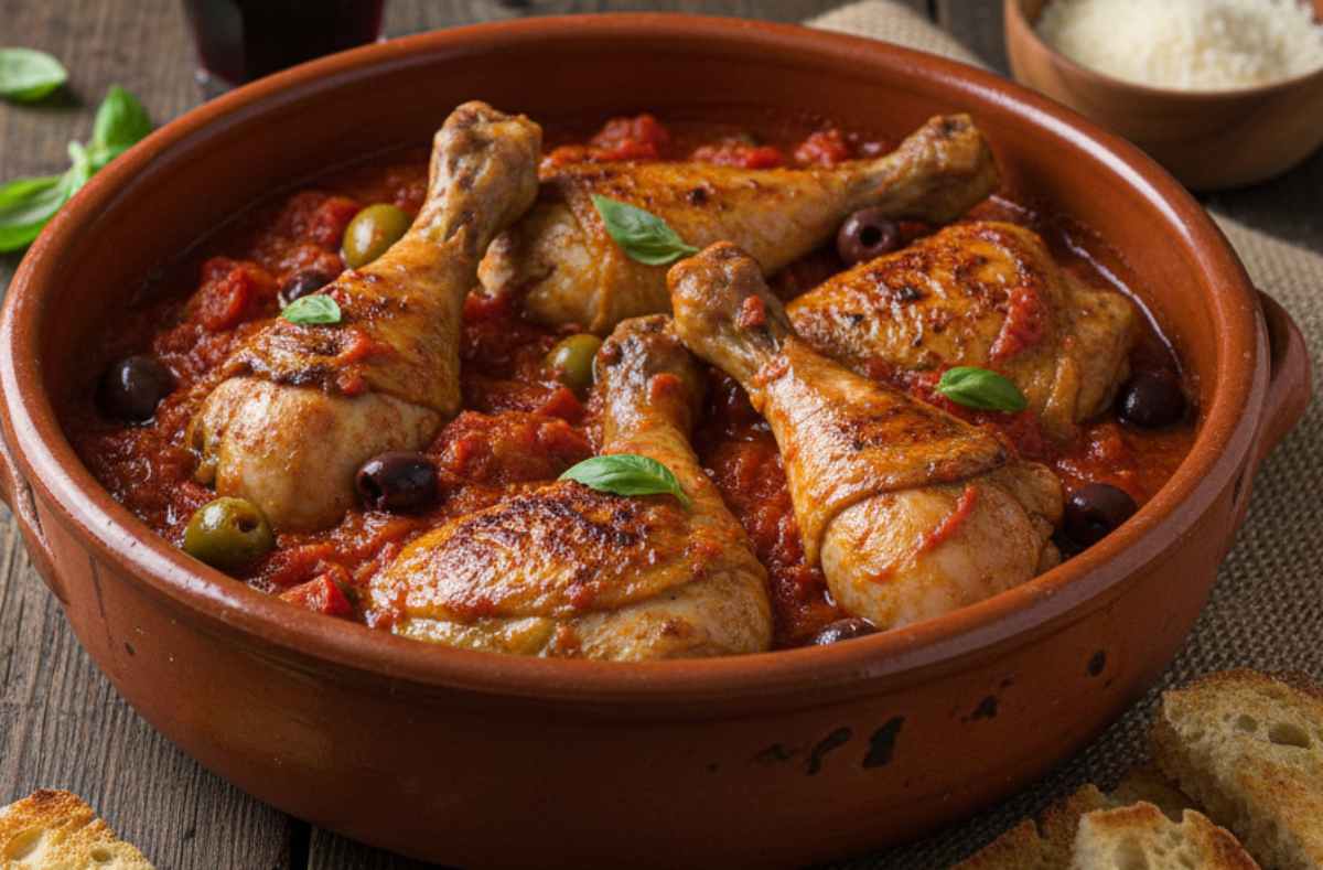 Padella di terracotta con pollo alla romana, su tavola di legno rustica.